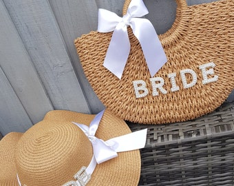 Bride straw hat & bag set/Bridal bag/Bridal hat/Hen do hat/Honeymoon hat/Straw bag/Straw hat/Mrs/Beach hat/Beach bag