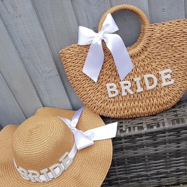 Bride straw hat & bag set/Bridal bag/Bridal hat/Hen do hat/Honeymoon hat/Straw bag/Straw hat/Mrs/Beach hat/Beach bag