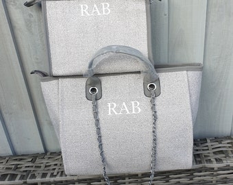 Personalised canvas chain tote handbag/shoulder bag & matching clutch bag.Beach bag/work bag/Initial bag/Mother's Day gift/Bag set