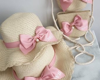 Girls personalised straw hat & matching bag set/Children's beach hat/Children's straw hat/Children's sun hat/Kids hat/Kids bag/Beach bag