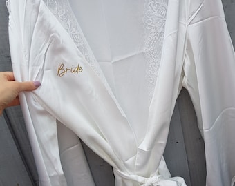 White satin Bride lace robe/Bridal robe/Tie up robe/Wedding day robe/Personalised robe/Wedding morning robe
