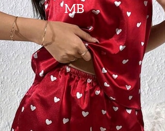 Women's cute strappy heart pyjamas/Tank top/Personalised pyjamas/Initial pyjamas/Satin pyjamas/Summer pyjamas/Valentines day