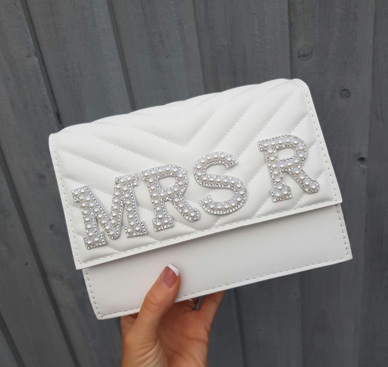 Personalised pearl Bride bag/Bridal bag/Hen do bag/Honeymoon bag/Clutch bag/Embellished bag/Shoulder bag/Women's bag/Wedding bag/White bag Mrs (initial)