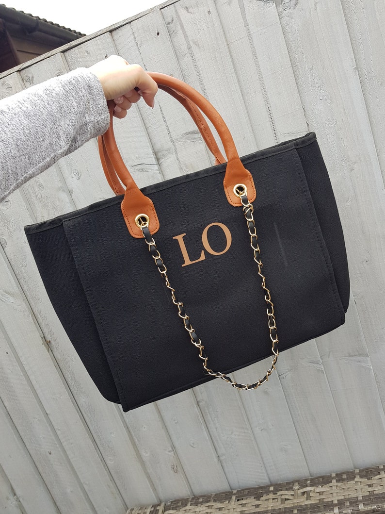 Personalised canvas chain initial bag/Work bag/Gifts for her/Handbag/Shoulder bag/Beach bag/Hand luggage/Gifts for Mum/Tote/Medium size Black & brown