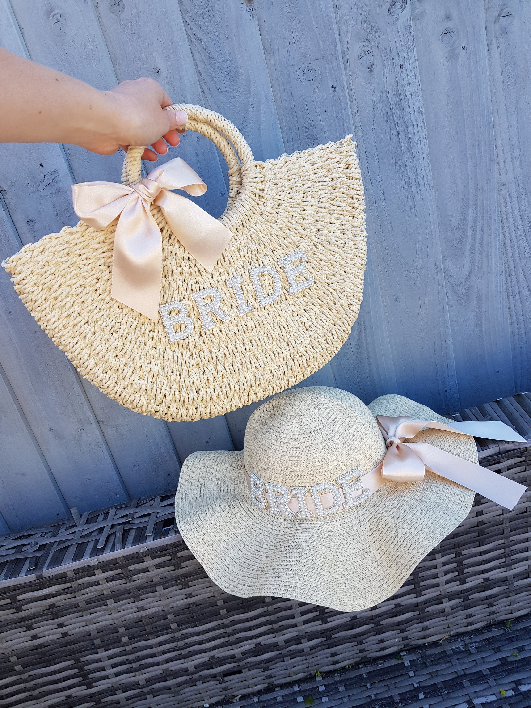 Bride Straw Hat & Bag Set/bridal Bag/bridal Hat/hen Do Hat  display picture 3