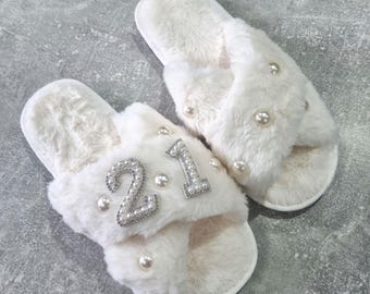 Personalised slippers/Rhinestones/21st gift/30th birthday/50th gift/Birthday slippers/Birthday gift/Criss cross slippers/Special birthday