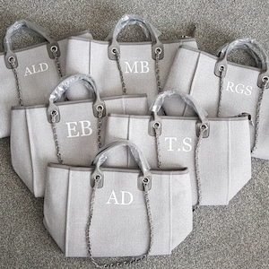 Personalised canvas chain initial bag/Work bag/Gifts for her/Handbag/Shoulder bag/Beach bag/Hand luggage/Gifts for Mum/Tote/Medium size Grey