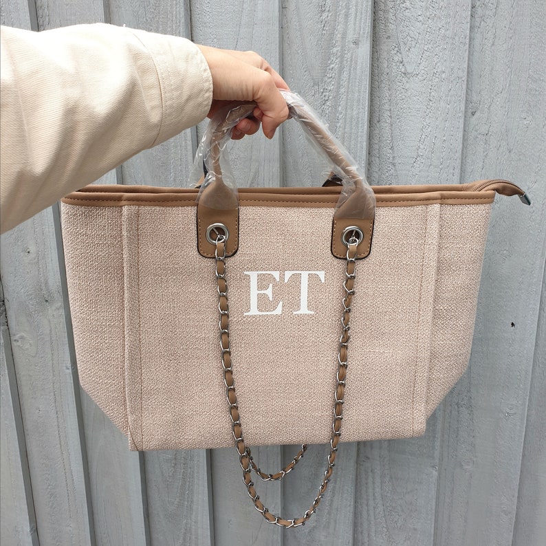 Personalised canvas chain initial bag/Work bag/Gifts for her/Handbag/Shoulder bag/Beach bag/Hand luggage/Gifts for Mum/Tote/Medium size Tan