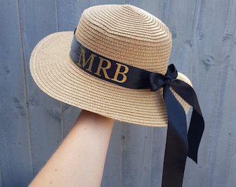 Women's French raffia style straw hat/Personalised hat/Initial hat/Beach hat/Sun hat/Holiday hat/Monogram hat/Ribbon/Bow/Honeymoon/Hen do