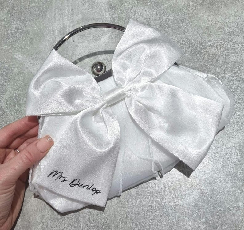 Bride bag/Bride clutch bag/Bridal bag/Hen do bag/Bride to be/Honeymoon bag/Wedding clutch bag/Satin bow bag/Bride gift/Wedding bag image 13