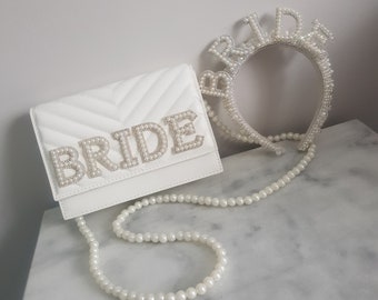 Bride clutch bag & headband hen do set/Bridal headband/Pearl headband/White clutch/Personalised clutch/Brides bag/Hen do bag/Honeymoon bag