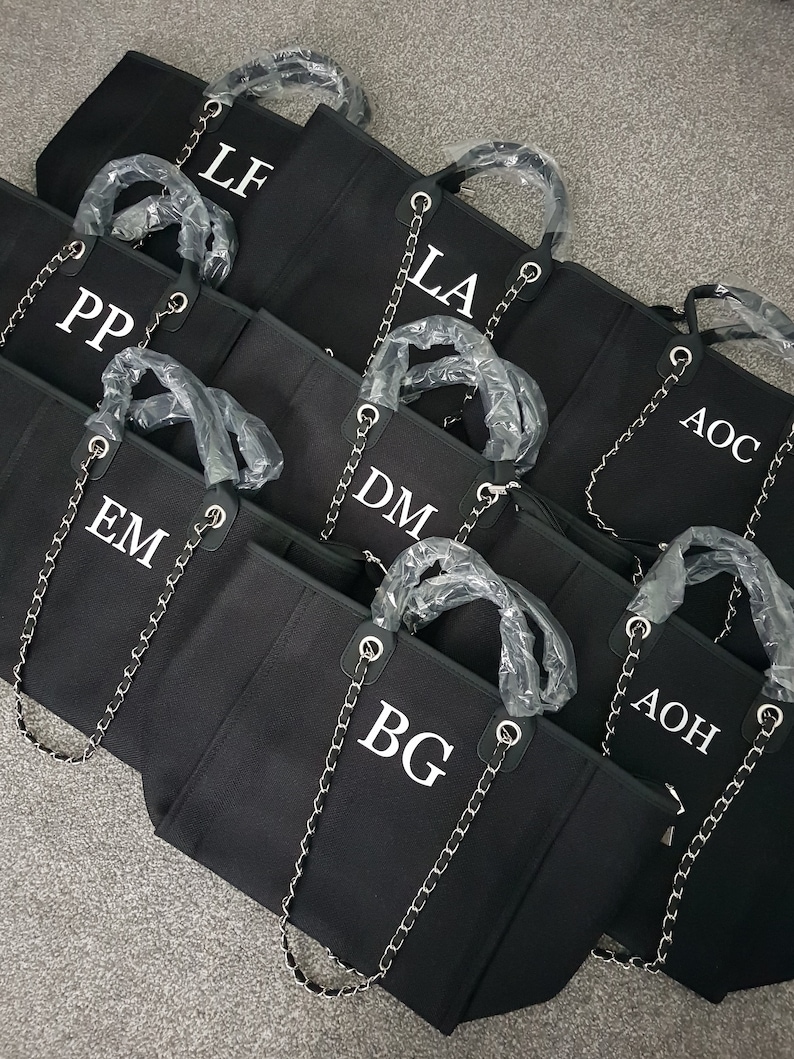 Personalised canvas chain initial bag/Work bag/Gifts for her/Handbag/Shoulder bag/Beach bag/Hand luggage/Gifts for Mum/Tote/Medium size Black