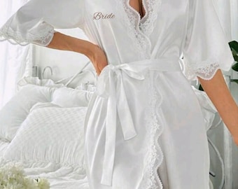 White satin Bridal lace robe/Bride robe/Tie up robe/Wedding day robe/Personalised robe/Wedding morning robe/Hen do robe