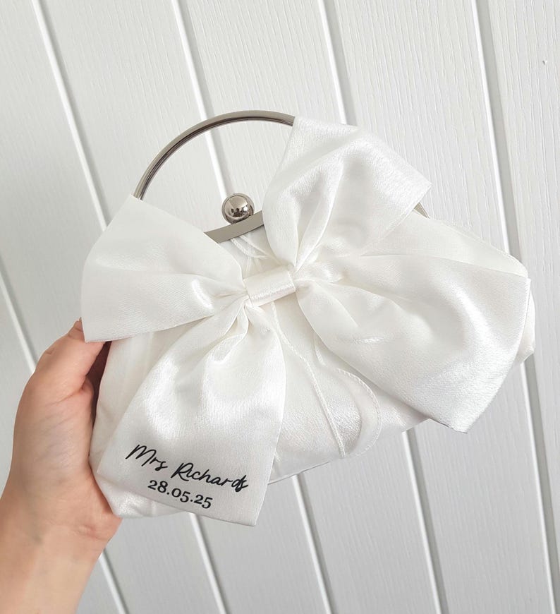 Bride bag/Bride clutch bag/Bridal bag/Hen do bag/Bride to be/Honeymoon bag/Wedding clutch bag/Satin bow bag/Bride gift/Wedding bag image 14