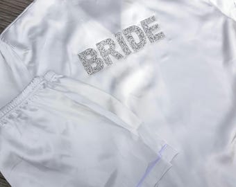 Bride pyjamas/Bridal pyjamas/Satin pjs/Embellished pyjamas/Hen do pyjamas/Honeymoon pyjamas/White pyjamas/Bride gift/Wedding pyjamas/Bridal