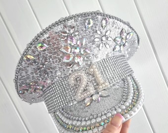 Embellished sailor hat/Captain hat/Birthday hat/21st hat/30th hat/Rhinestone hat/Birthday crown/Bling hat/18th Birthday