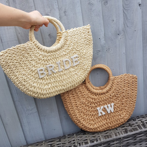 Personalised straw half moon bag/Beach bag/Bride bag/Bridal bag/Hen do bag/Honeymoon bag/Rhinestones/Initial bag/Mother's Day gift
