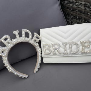 Bride clutch bag & headband hen do set/Bridal headband/Pearl headband/White clutch/Personalised clutch/Brides bag/Hen do bag/Honeymoon bag image 3