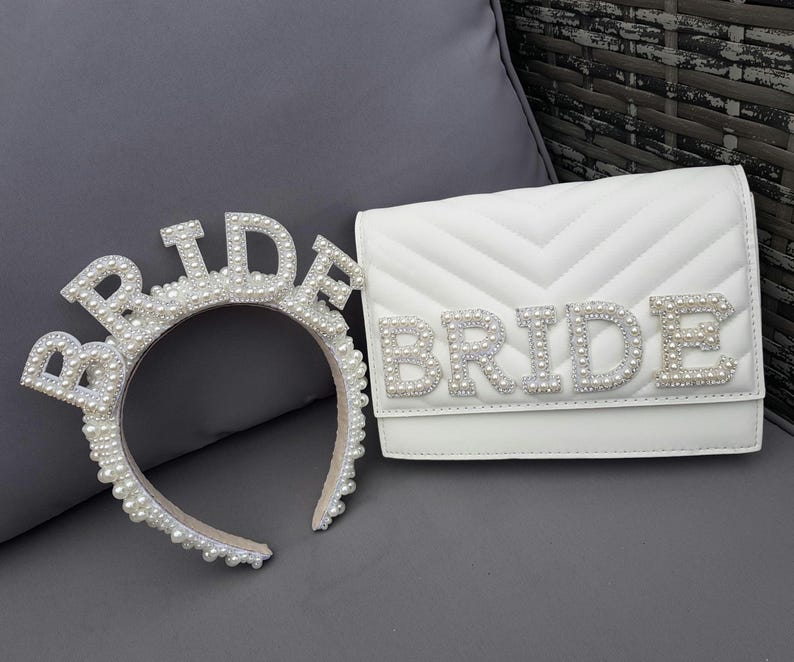 Bride clutch bag & headband hen do set/Bridal headband/Pearl headband/White clutch/Personalised clutch/Brides bag/Hen do bag/Honeymoon bag image 3