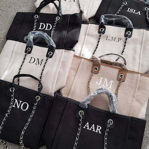 Personalised canvas chain initial bag/Work bag/Gifts for her/Handbag/Shoulder bag/Beach bag/Hand luggage/Gifts for Mum/Tote/Medium size
