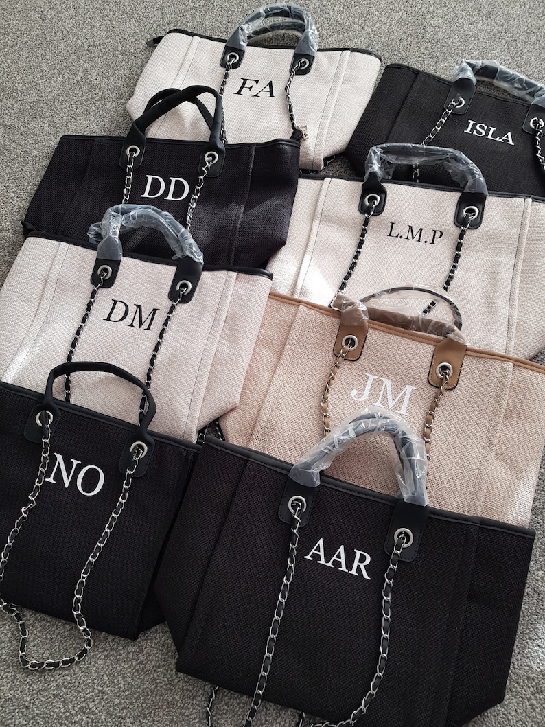 Personalised canvas chain initial bag/Work bag/Gifts for her/Handbag/Shoulder bag/Beach bag/Hand luggage/Gifts for Mum/Tote/Medium size image 1