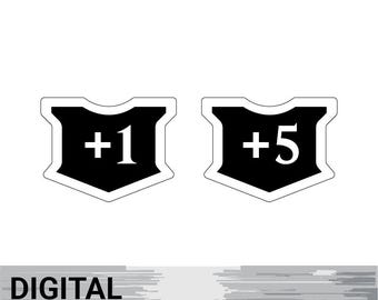 Magic the Gathering MTG Stackable Shield +1 /+5 Planswalker Loyalty Game Counters - File vettoriali Laser Cutter (DXF, SVG) Download digitale