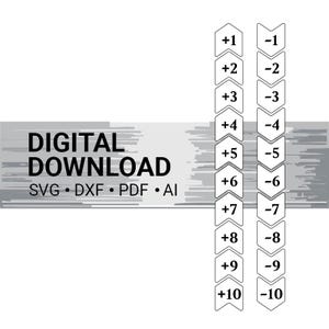 May include: A digital download graphic with the text "DIGITAL DOWNLOAD" and file type options. Two columns of white arrow-shaped elements display numbers from +1 to +10 and -1 to -10. The background has a gray, textured design.