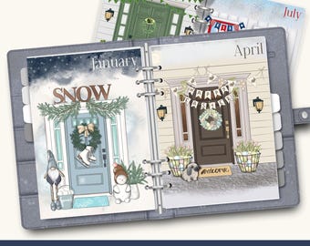 May include: A set of printable and digital planner dividers featuring illustrations of doors decorated for different months of the year. The dividers include January with a snowy door, April with an Easter-themed door, and March with a green door. The dividers are designed for use in a planner with a ring binder.