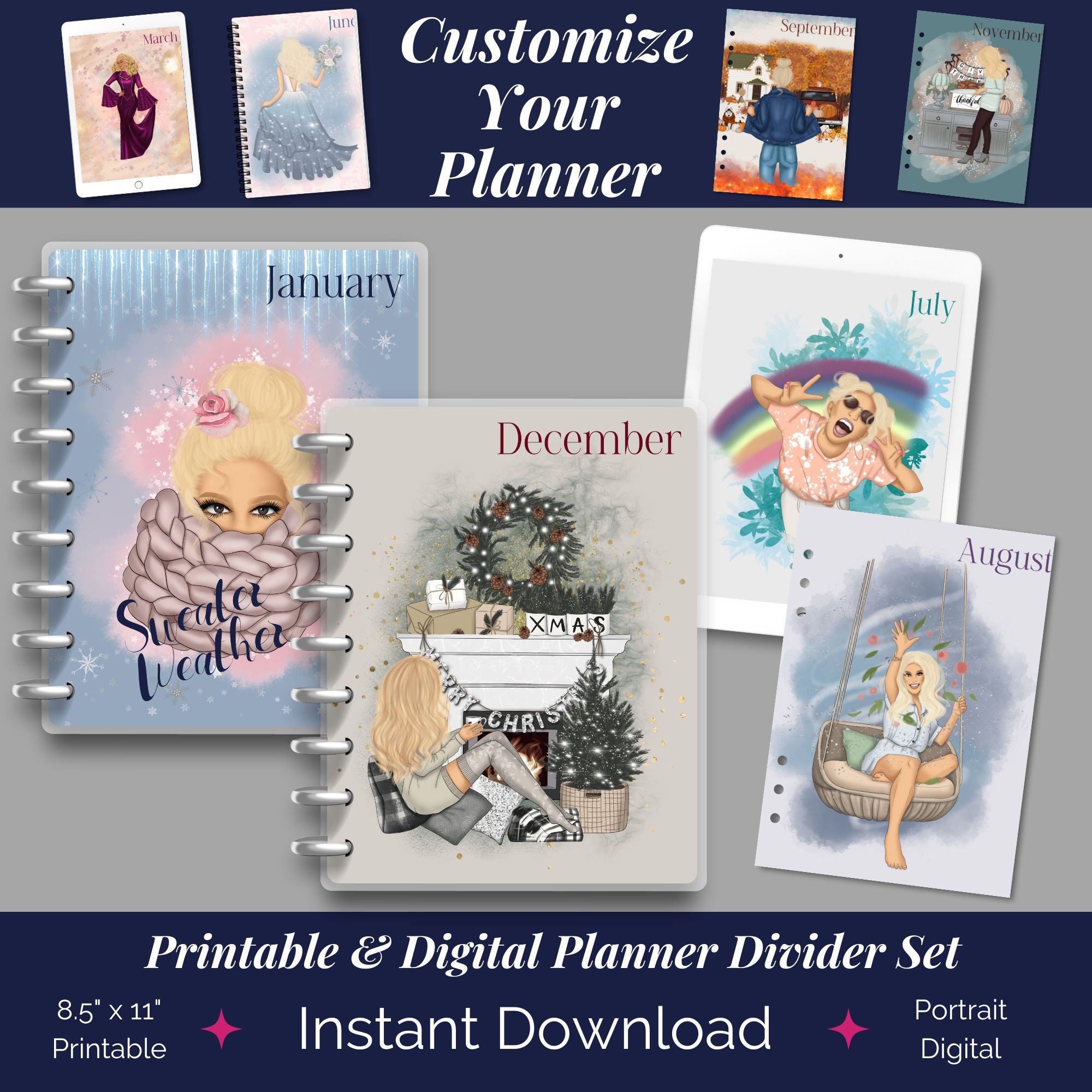 Monthly Themes Blondes Printable Monthly Dashboards, Planner Dividers ...