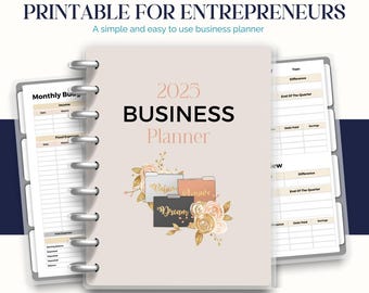 May include: A 2025 business planner with a pink and gold floral design. The planner has a spiral binding and includes sections for monthly budgets, year-end reviews, and debt and savings tracking.