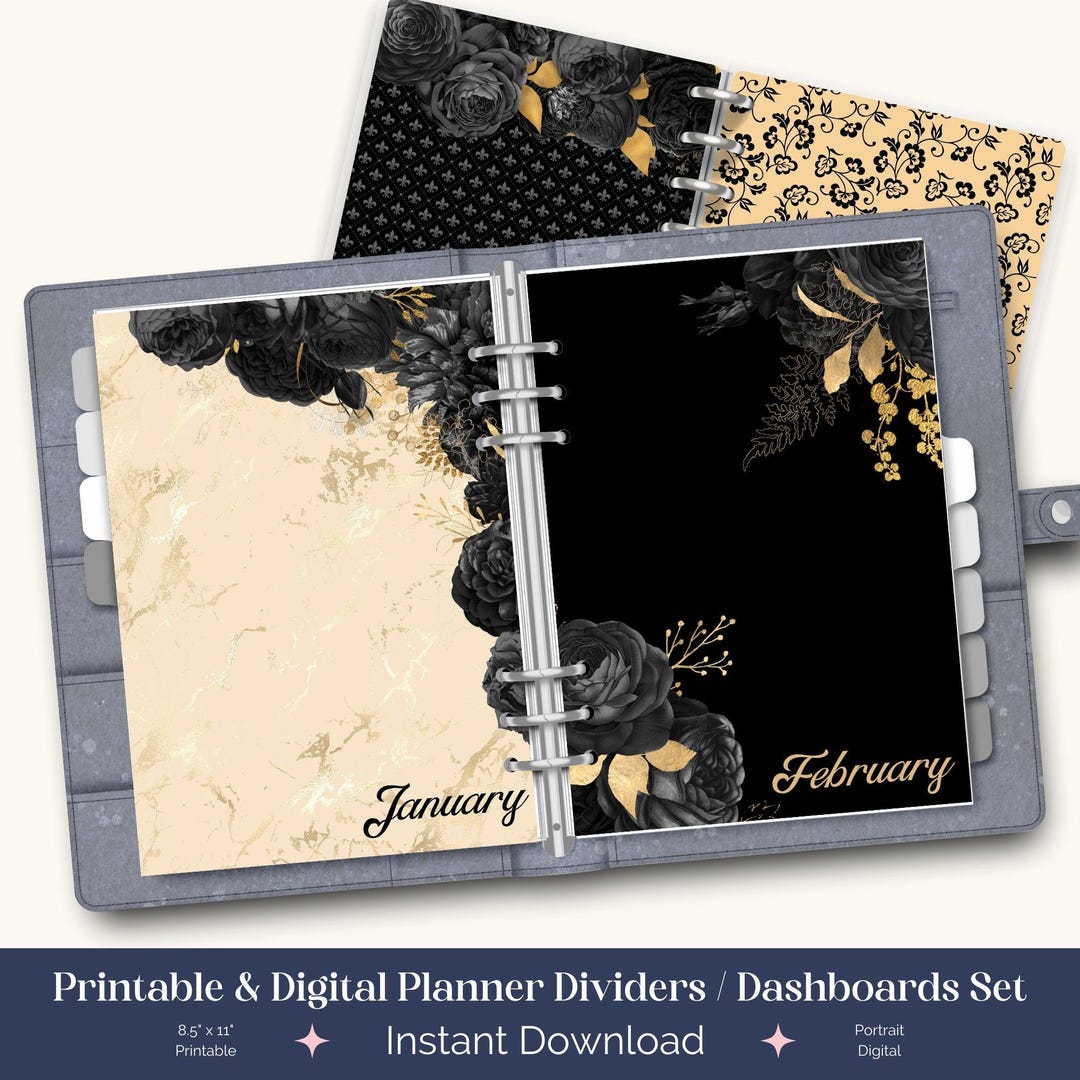 Black Peony & Roses Printable Monthly Dashboards, Planner Dividers ...