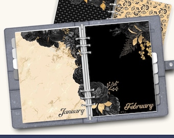 May include: Printable planner dividers with a black and gold floral design. The dividers feature the months January and February. The dividers are 8.5 inches by 11 inches and are printable.