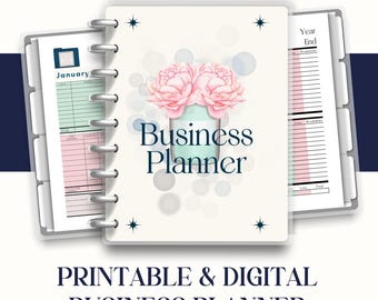 May include: A printable and digital business planner with a floral design. The cover features a watercolor illustration of pink peonies in a blue vase. The planner includes sections for year-end breakdowns, monthly calendars, and daily to-do lists.