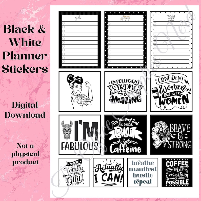 Black &amp; White Printable Planner Stickers | Notebook Stickers | Journal ...