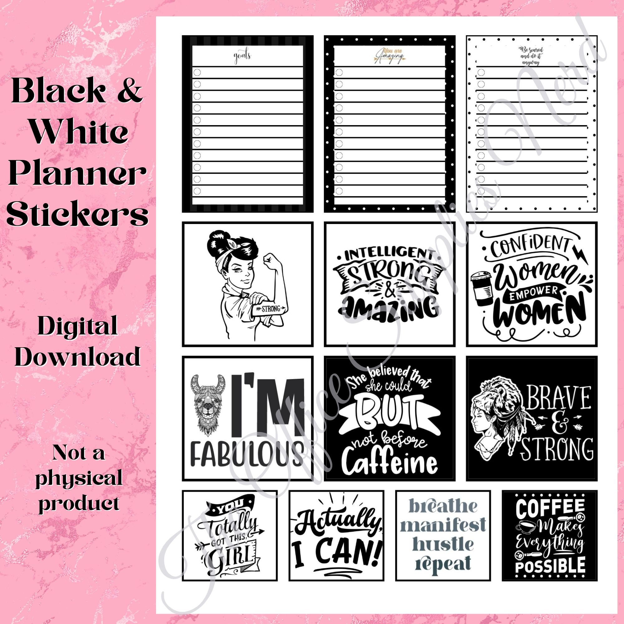 Black &amp; White Printable Planner Stickers | Notebook Stickers | Journal ...
