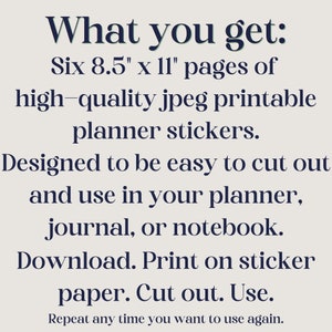 May include: Text on a cream background reads "What you get: Six 8.5" x 11" pages of high-quality jpeg printable planner stickers. Designed to be easy to cut out and use in your planner, journal, or notebook."