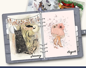 May include: A planner set with digital and printable dividers. The January divider features a black dress, high heels, and the text "Cheers New Year." The August divider shows a pink skirt and high heels. The planner is gray.