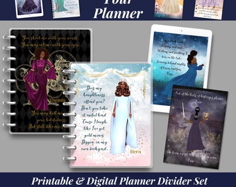 May include: A set of printable and digital planner dividers featuring illustrations of women of color with inspirational quotes. The dividers are 8.5 inches by 11 inches and are available for instant download.
