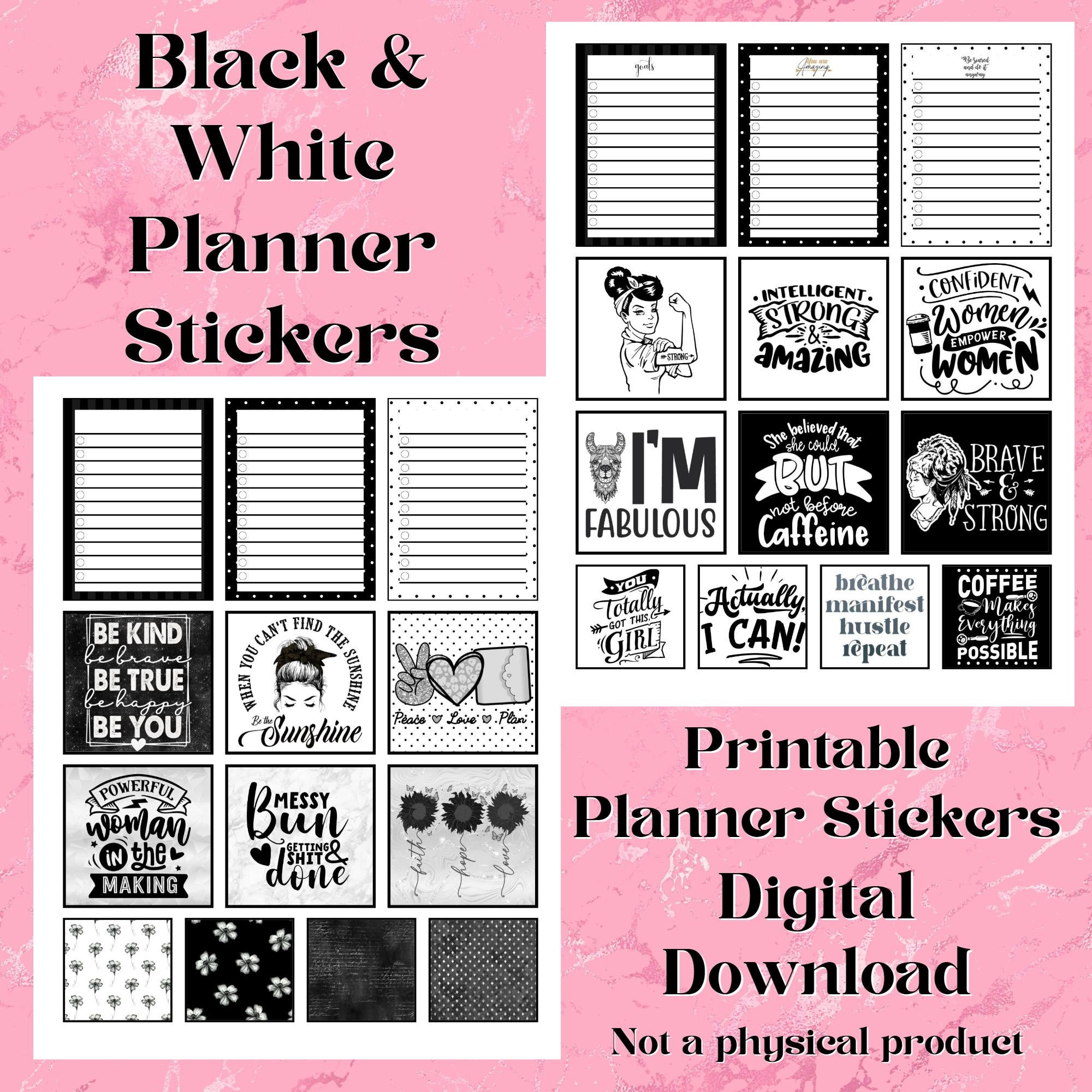 Black &amp; White Printable Planner Stickers | Notebook Stickers | Journal ...
