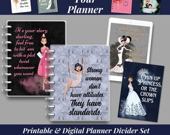 May include: A set of printable and digital planner dividers featuring colorful illustrations of women in various poses with inspirational quotes. The dividers are 8.5 inches by 11 inches and are available for instant download.