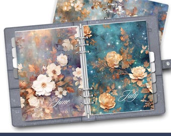 May include: Two printable planner dividers with floral designs. The left divider features white flowers on a light blue background with the word "June" printed on it. The right divider features gold flowers on a dark blue background with the word "July" printed on it.