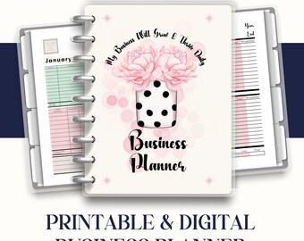 May include: A printable and digital business planner with a pink and white floral design. The cover features a quote: "My Business Will Grow & Thrive Daily". The planner includes a calendar, goal setting pages, and financial tracking sheets.