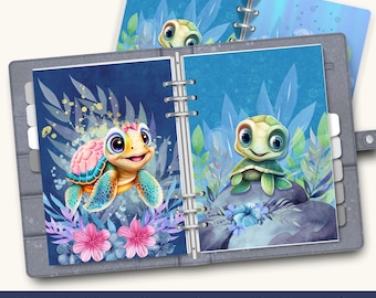 May include: Printable and digital planner dividers and dashboards set featuring two adorable cartoon turtles. One turtle is swimming in a blue and green underwater scene with pink and purple flowers. The other turtle is sitting on a rock in a similar underwater scene. The text "Instant Download" is printed at the bottom of the image.