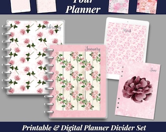 May include: Printable and digital planner divider set with floral designs. The set includes 12 dividers, one for each month of the year. The dividers are 8.5 inches by 11 inches and are available for instant download.