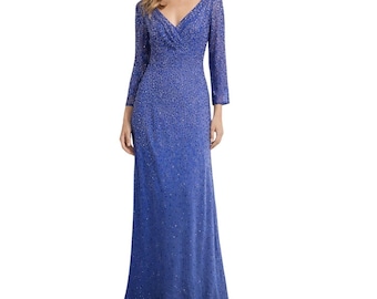 Vintage Mon Cherie Embellished Evening Gown Blue Size 12 Formal Dress Wedding