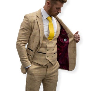 Mens 3 Piece Suit Beige Check Tweed Slim Fit Peaky Blinders Wedding Prom Retro Dinner Party Vintage