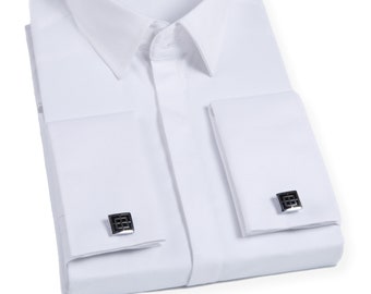 Mens 100% Cotton Shirt Silky Feel White Double Cuff Slim Fit Long Sleeve Cufflink