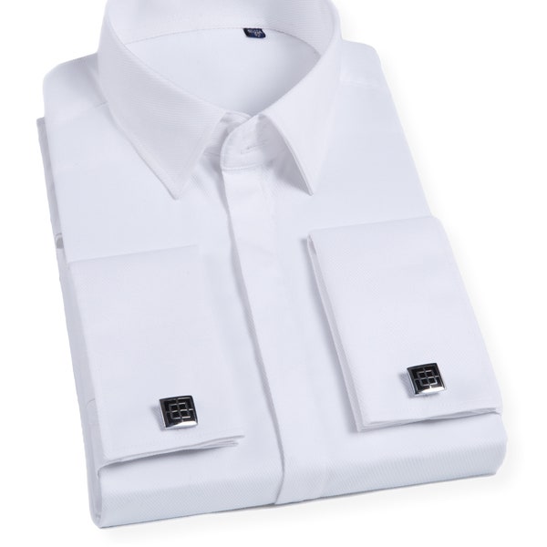 Mens 100% Cotton Shirt Silky Feel White Double Cuff Slim Fit Long Sleeve Cufflink