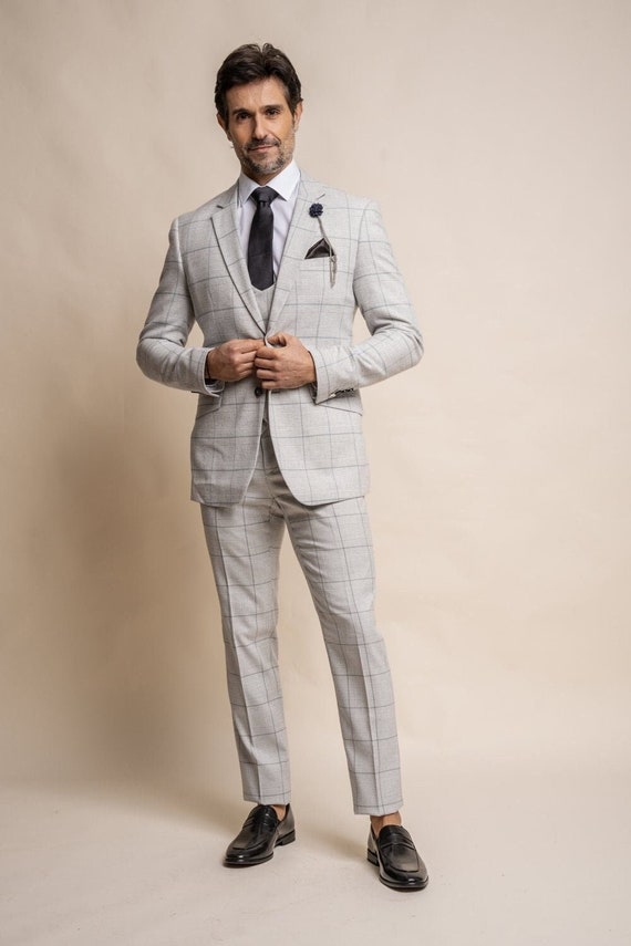 Men Grey Slim Fit Check Formal Three Piece Suit
