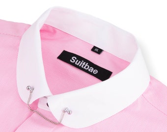 Mens 100% Cotton Pink Slim Fit Round Collar Double Cuff Shirt Wedding Smart Vintage Retro Vintage Peaky Blinders Formal